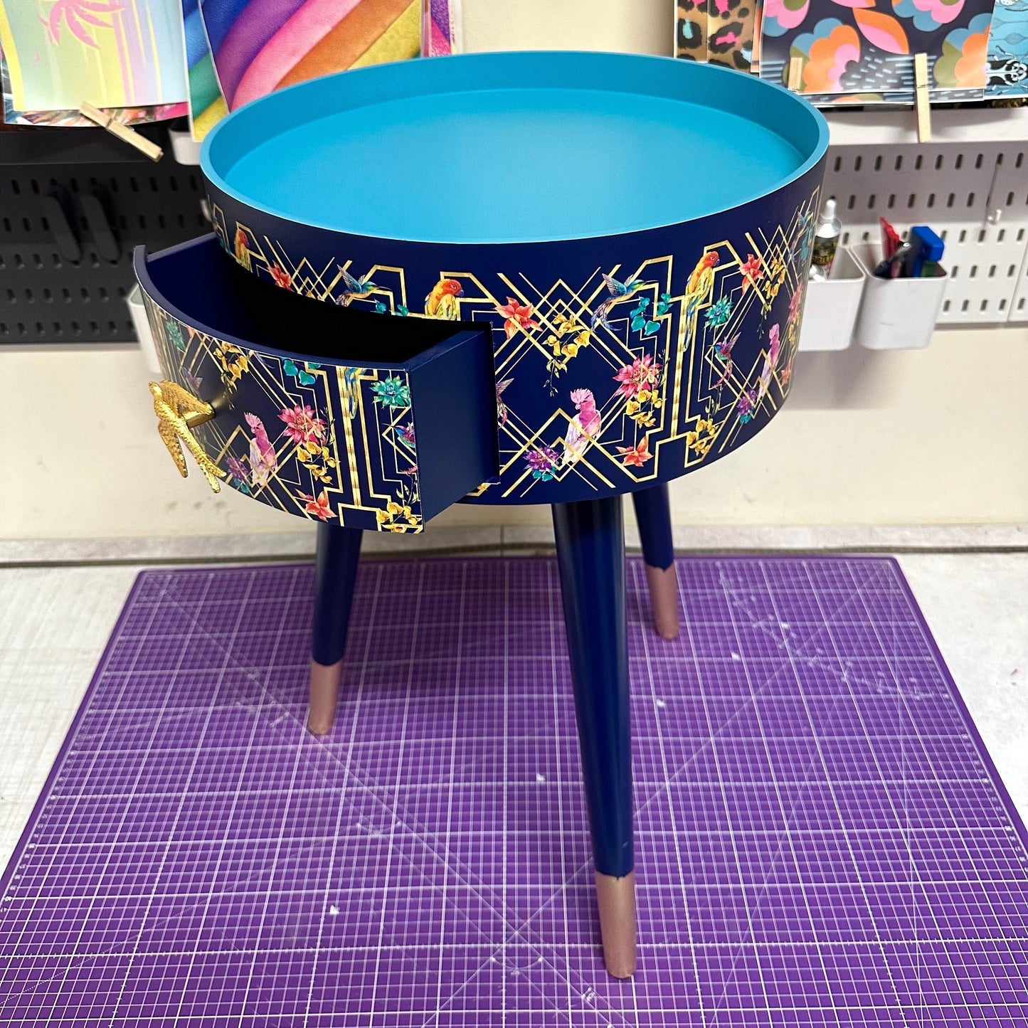 Art Deco Birds - Navy blue, bedside table,  gold and pink bird design. Bedroom nightstand, colourful bedside end table. Taller legs with drawer