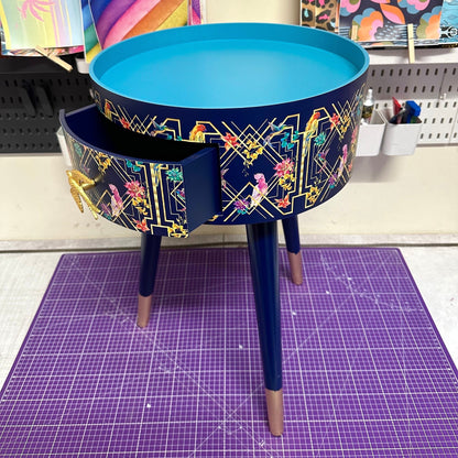 Art Deco Birds - Navy blue, bedside table,  gold and pink bird design. Bedroom nightstand, colourful bedside end table. Taller legs with drawer