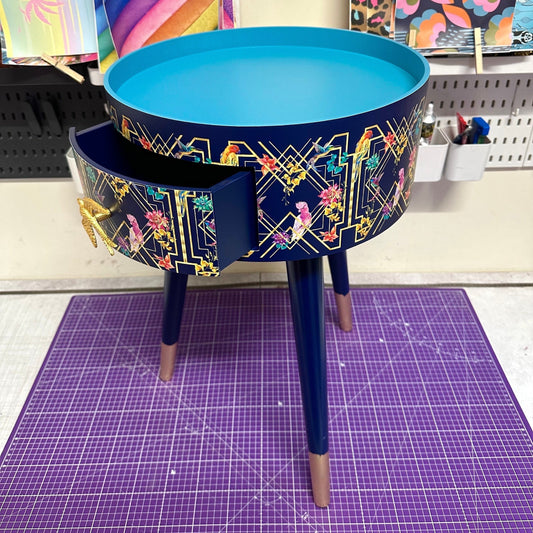 Art Deco Birds - Navy blue, bedside table,  gold and pink bird design. Bedroom nightstand, colourful bedside end table. Taller legs with drawer
