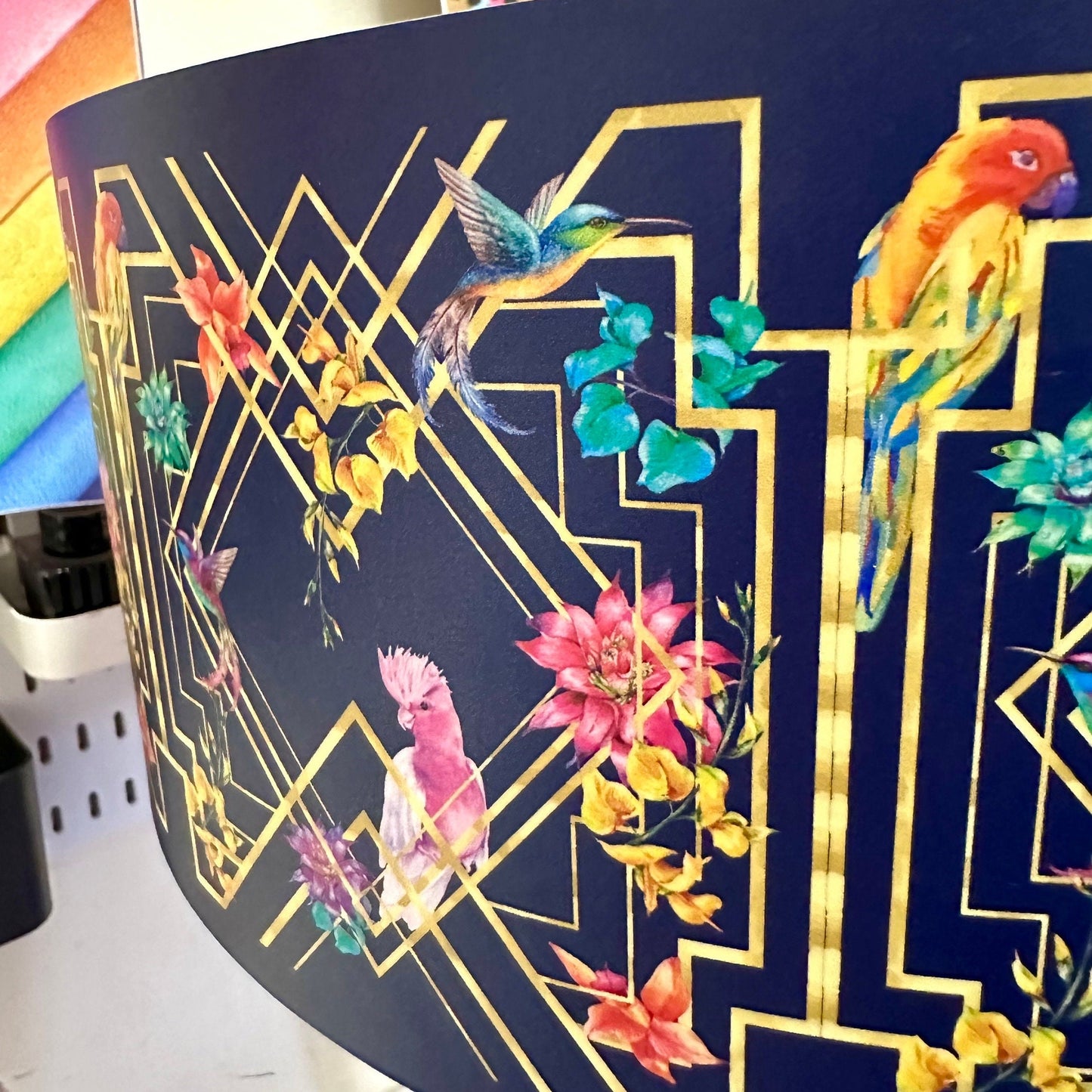 Art Deco Birds - Navy blue, bedside table,  gold and pink bird design. Bedroom nightstand, colourful bedside end table. Taller legs with drawer