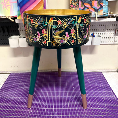 Art Deco Birds - Emerald green, bedside table, gold and pink bird design. Bedroom nightstand, colourful bedside end table.