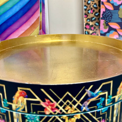 Art Deco Birds - Emerald green, bedside table, gold and pink bird design. Bedroom nightstand, colourful bedside end table.