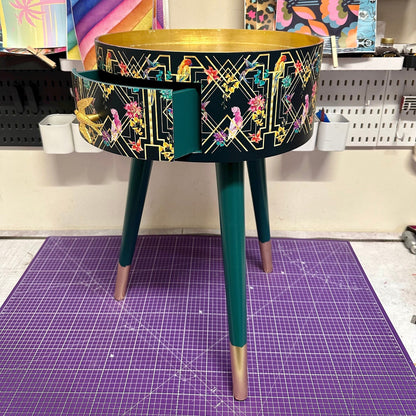 Art Deco Birds - Emerald green, bedside table, gold and pink bird design. Bedroom nightstand, colourful bedside end table.