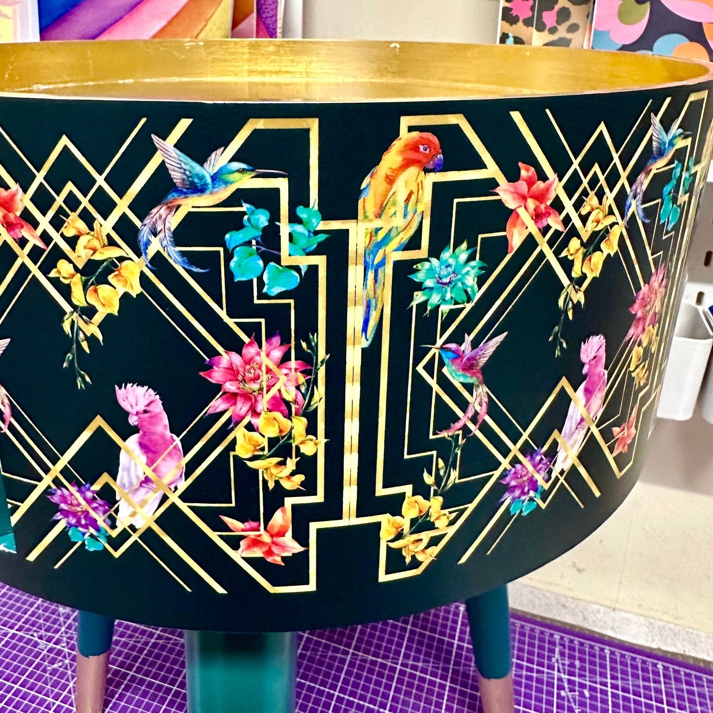 Art Deco Birds - Emerald green, bedside table, gold and pink bird design. Bedroom nightstand, colourful bedside end table.