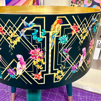 Art Deco Birds - Emerald green, bedside table, gold and pink bird design. Bedroom nightstand, colourful bedside end table.