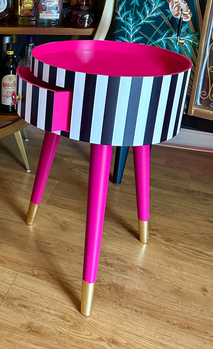 Striped - Black and White with Hot Pink bedside table. Hot pink top and legs, stripe nightstand, colourful end table , taller legs