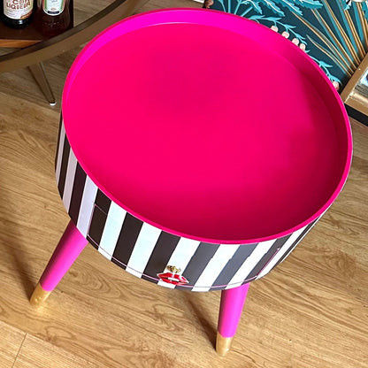 Striped - Black and White with Hot Pink bedside table. Hot pink top and legs, stripe nightstand, colourful end table , taller legs