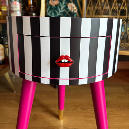 Striped - Black and White with Hot Pink bedside table. Hot pink top and legs, stripe nightstand, colourful end table , taller legs