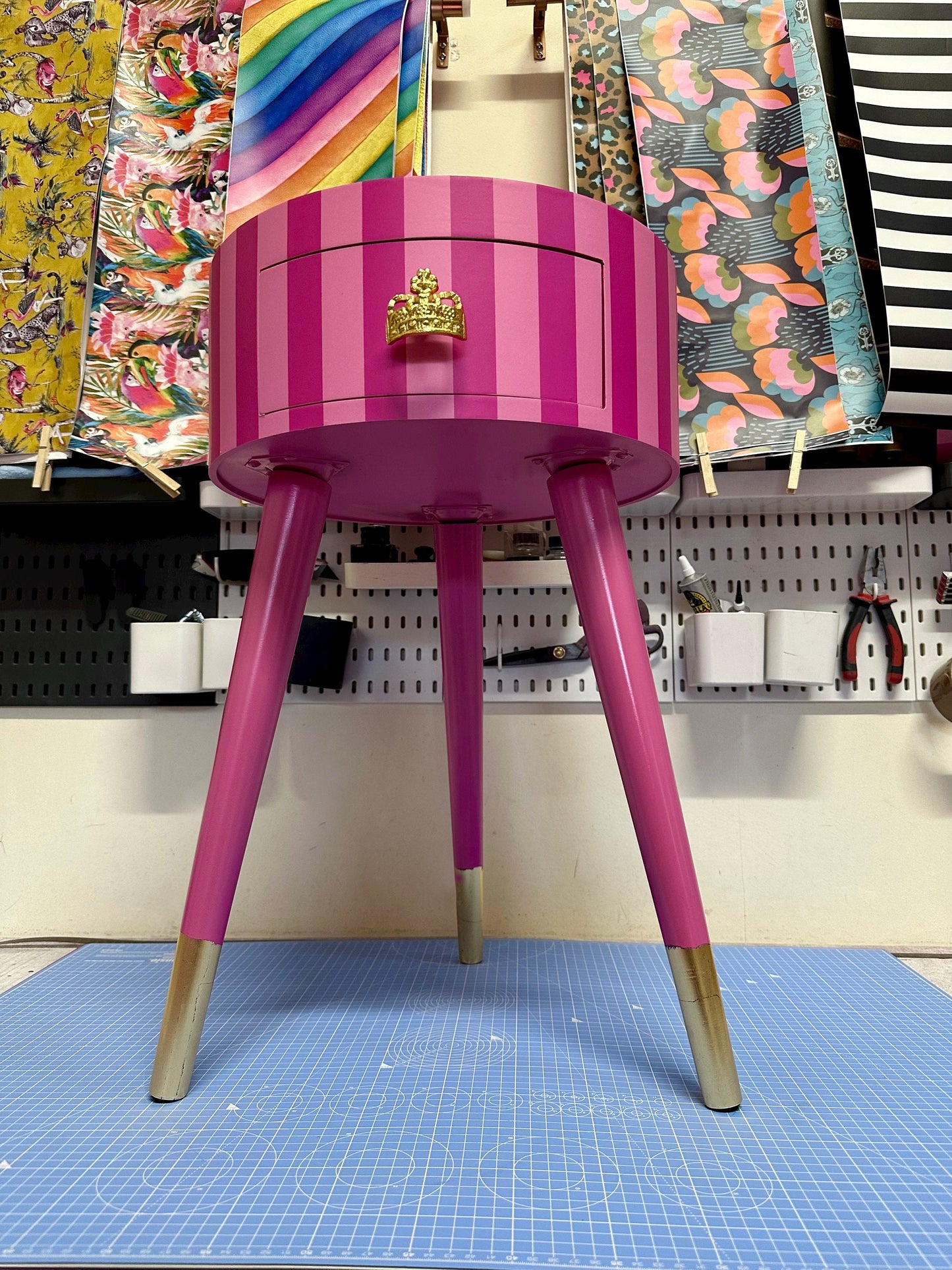 Striped - Hot Pink and Light Pink bedside table. Glitter top, stripe nightstand, colourful end table , taller legs, crown handle, queen