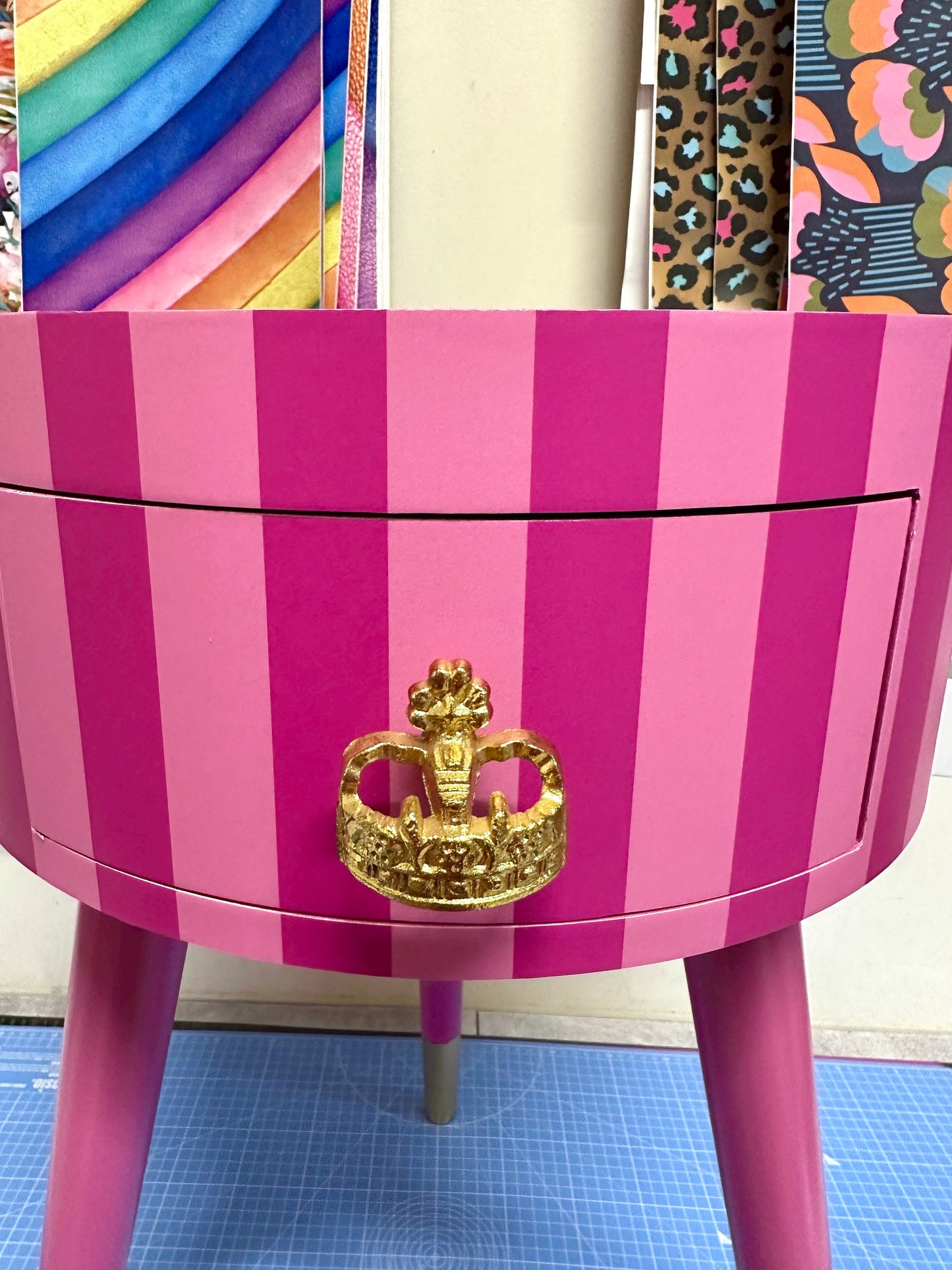 Striped - Hot Pink and Light Pink bedside table. Glitter top, stripe nightstand, colourful end table , taller legs, crown handle, queen