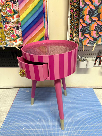 Striped - Hot Pink and Light Pink bedside table. Glitter top, stripe nightstand, colourful end table , taller legs, crown handle, queen