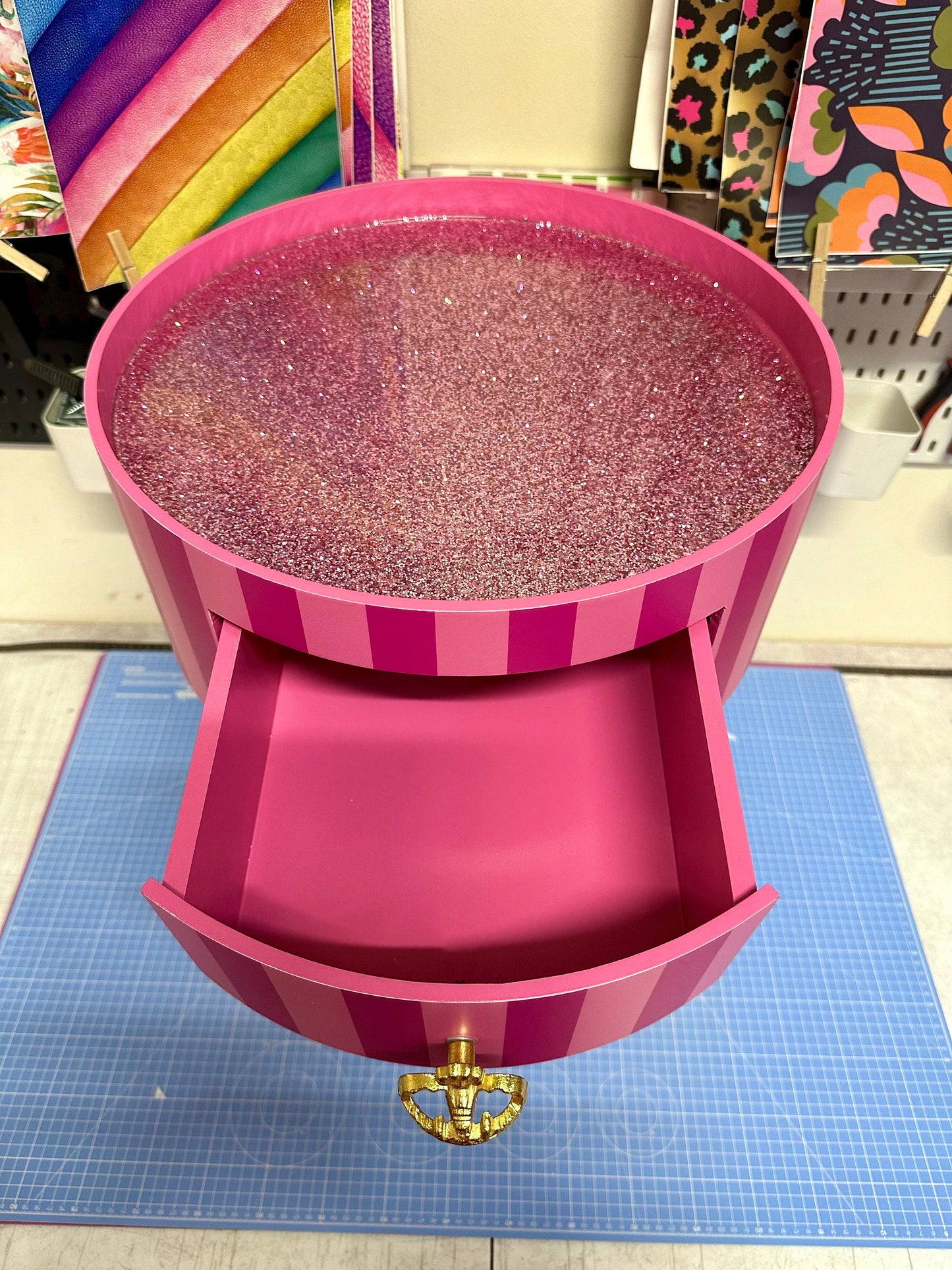 Striped - Hot Pink and Light Pink bedside table. Glitter top, stripe nightstand, colourful end table , taller legs, crown handle, queen