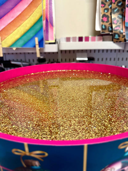 Christmas - Hot pink and glitter Christmas round side table , teal emerald green peacock design with jewel colours.   Nightstand. Hanukkah end table