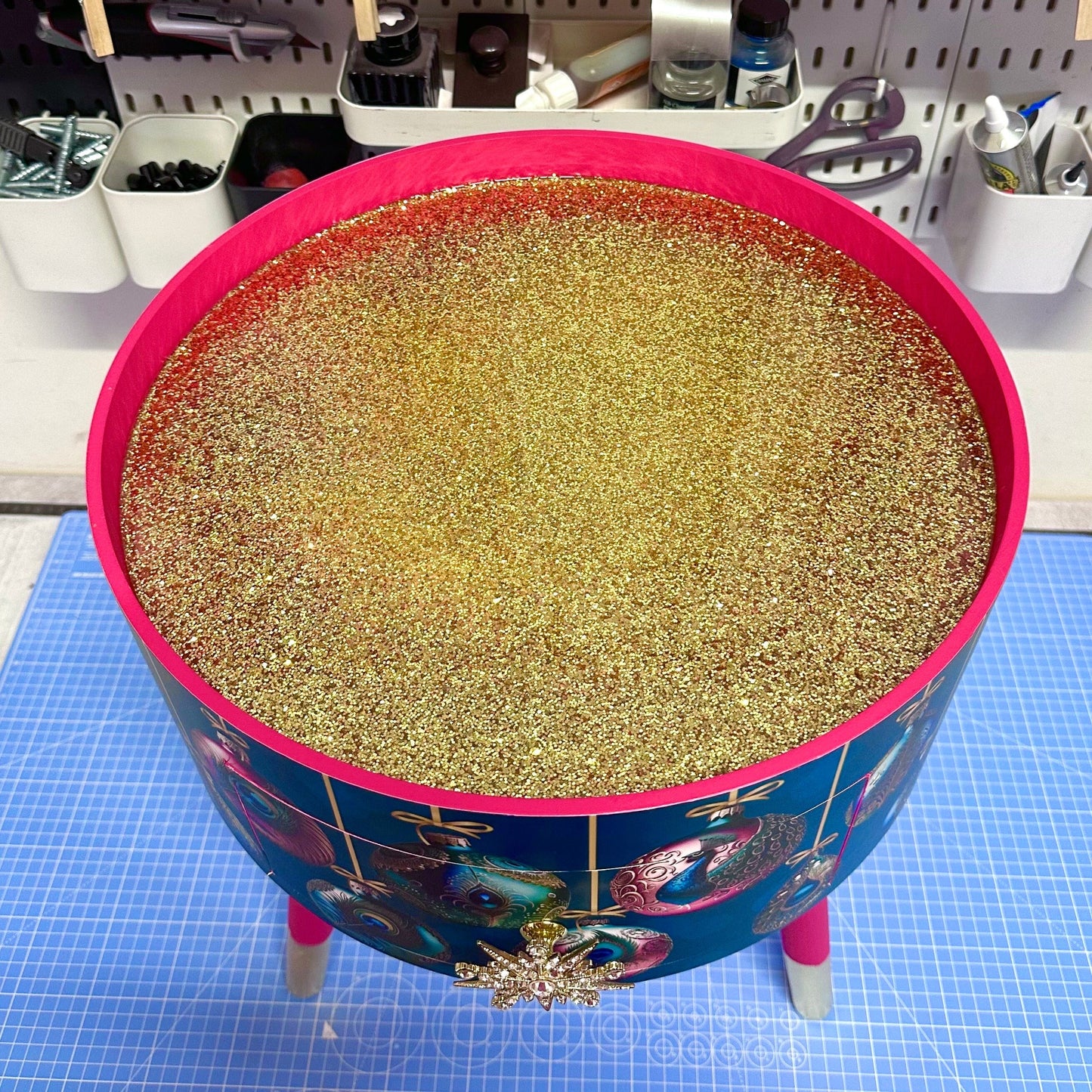 Christmas - Hot pink and glitter Christmas round side table , teal emerald green peacock design with jewel colours.   Nightstand. Hanukkah end table