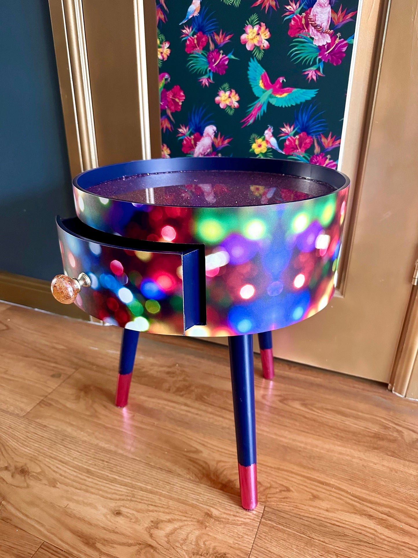 Christmas - Vintage Christmas lights round side table , multicoloured , pink, blue and green design with jewel colours. Nightstand. Hanukkah end table