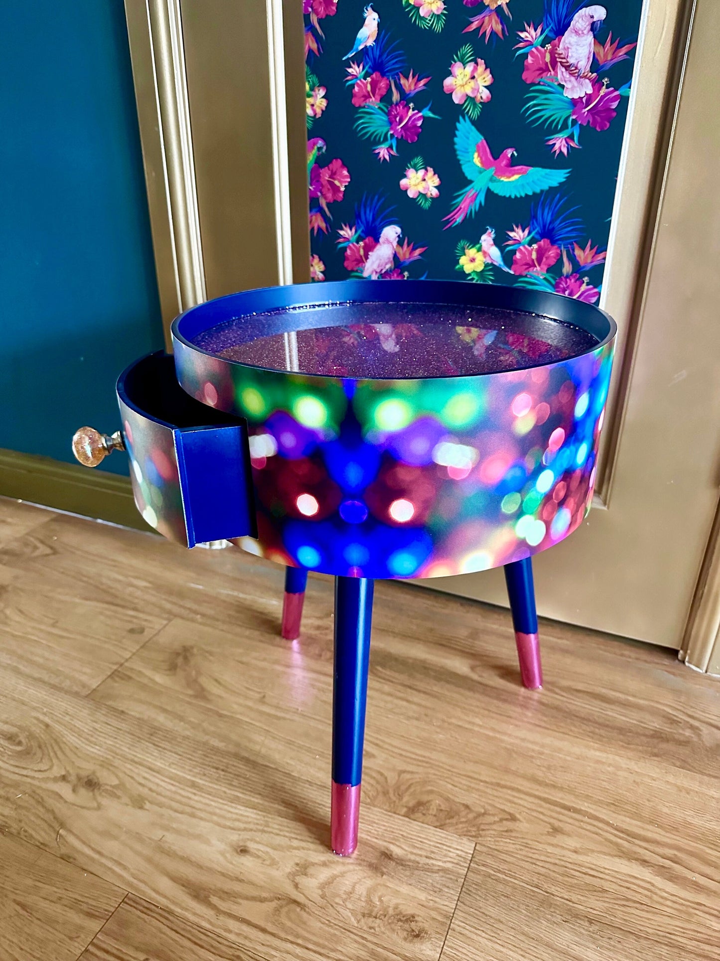 Christmas - Vintage Christmas lights round side table , multicoloured , pink, blue and green design with jewel colours. Nightstand. Hanukkah end table
