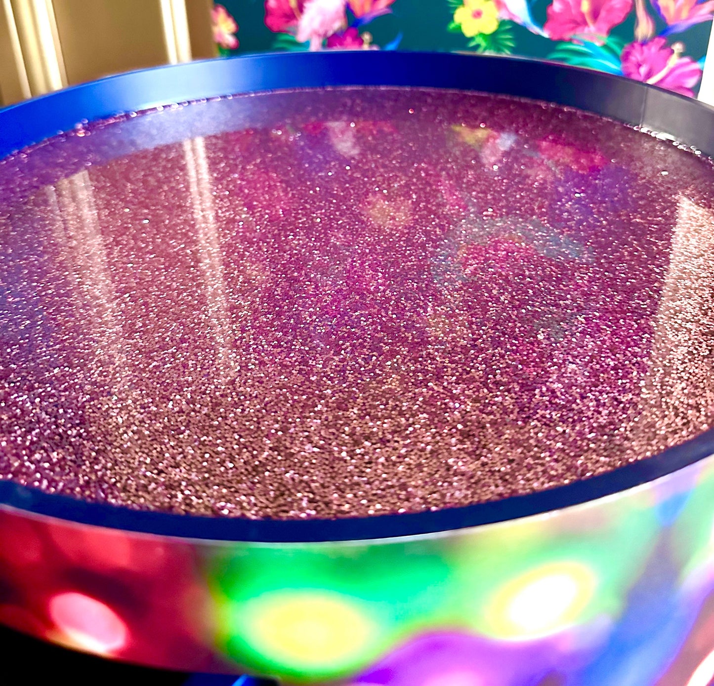 Christmas - Vintage Christmas lights round side table , multicoloured , pink, blue and green design with jewel colours. Nightstand. Hanukkah end table