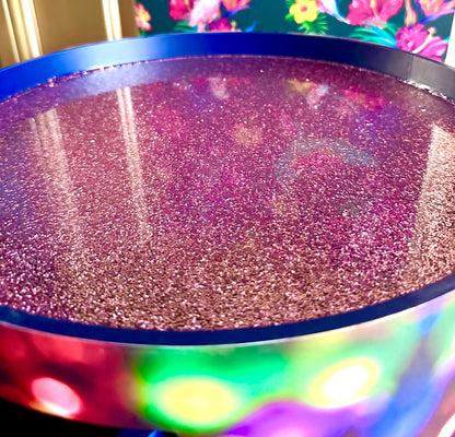 Christmas - Vintage Christmas lights round side table , multicoloured , pink, blue and green design with jewel colours. Nightstand. Hanukkah end table