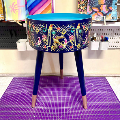Art Deco Birds - Navy blue, bedside table,  gold and pink bird design. Bedroom nightstand, colourful bedside end table. Taller legs with drawer