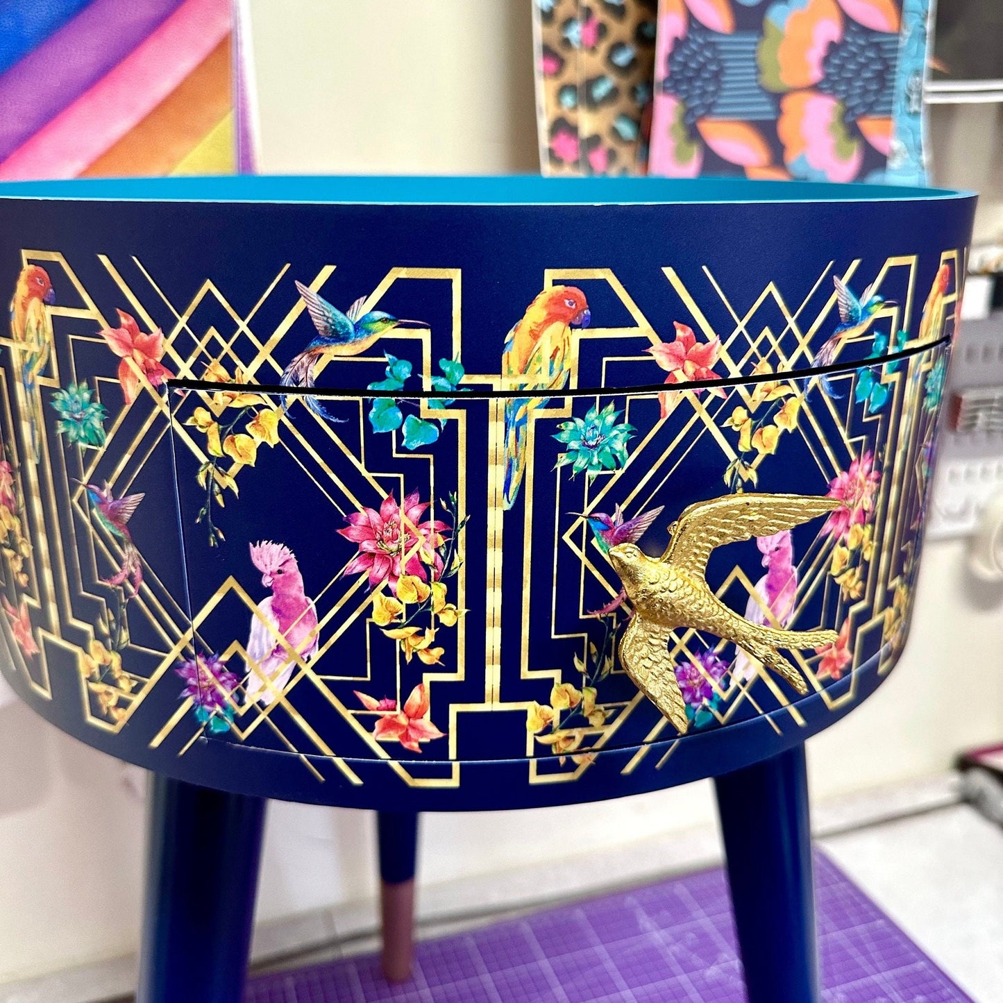 Art Deco Birds - Navy blue, bedside table,  gold and pink bird design. Bedroom nightstand, colourful bedside end table. Taller legs with drawer