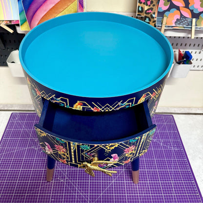 Art Deco Birds - Navy blue, bedside table,  gold and pink bird design. Bedroom nightstand, colourful bedside end table. Taller legs with drawer