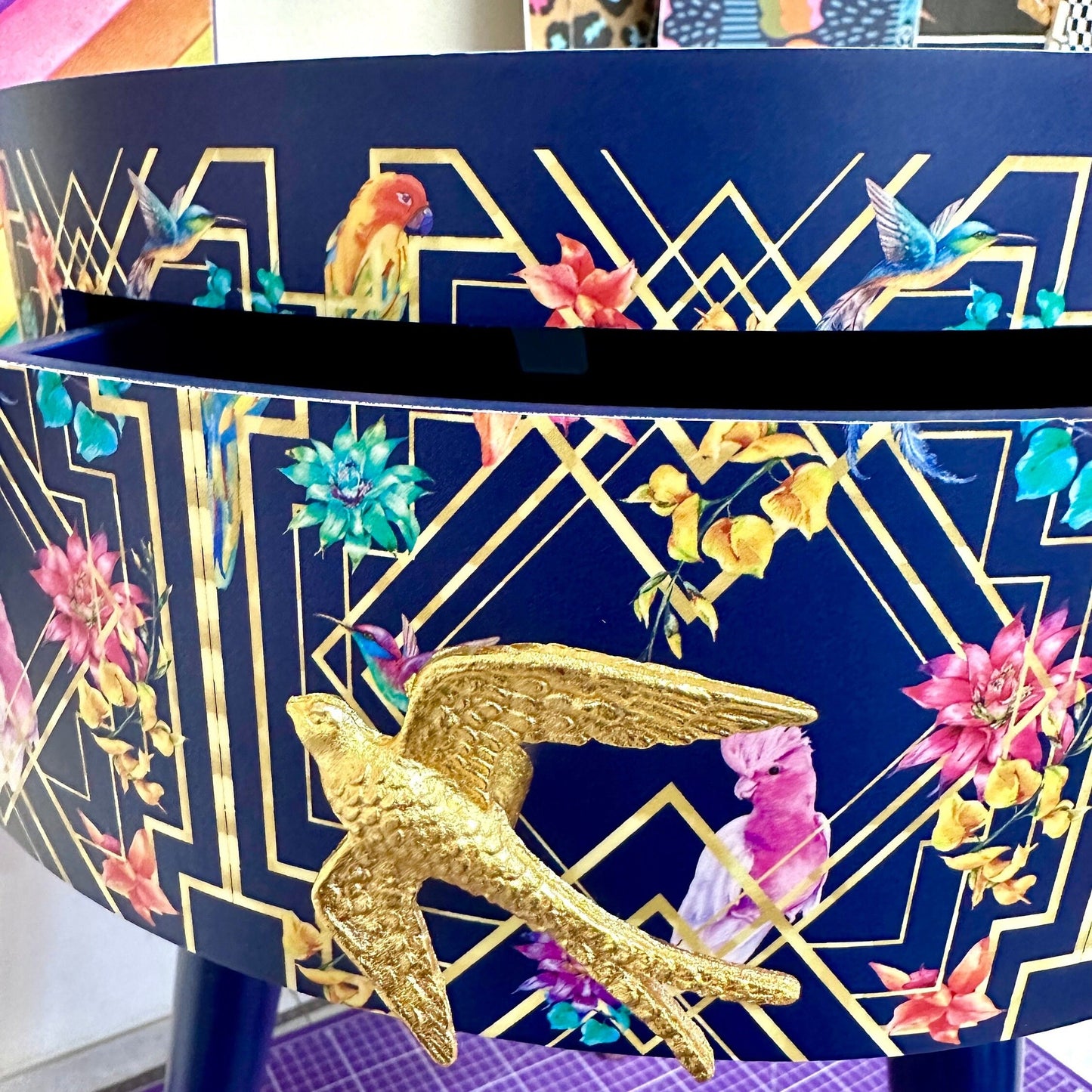 Art Deco Birds - Navy blue, bedside table,  gold and pink bird design. Bedroom nightstand, colourful bedside end table. Taller legs with drawer