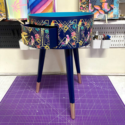 Art Deco Birds - Navy blue, bedside table,  gold and pink bird design. Bedroom nightstand, colourful bedside end table. Taller legs with drawer