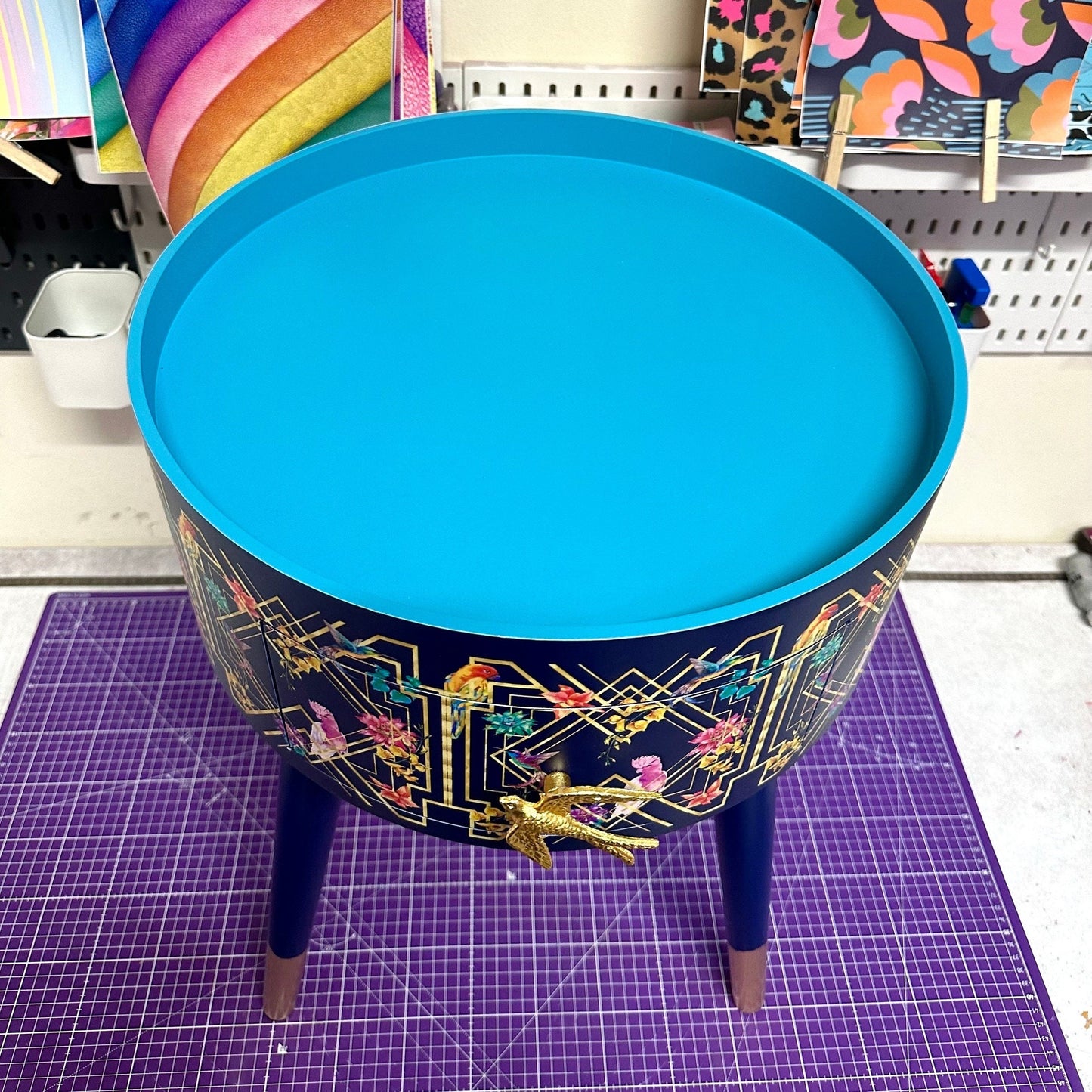 Art Deco Birds - Navy blue, bedside table,  gold and pink bird design. Bedroom nightstand, colourful bedside end table. Taller legs with drawer