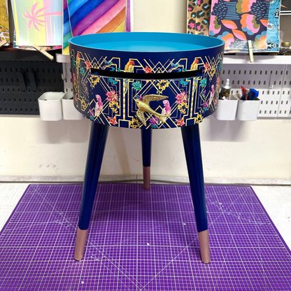 Art Deco Birds - Navy blue, bedside table,  gold and pink bird design. Bedroom nightstand, colourful bedside end table. Taller legs with drawer