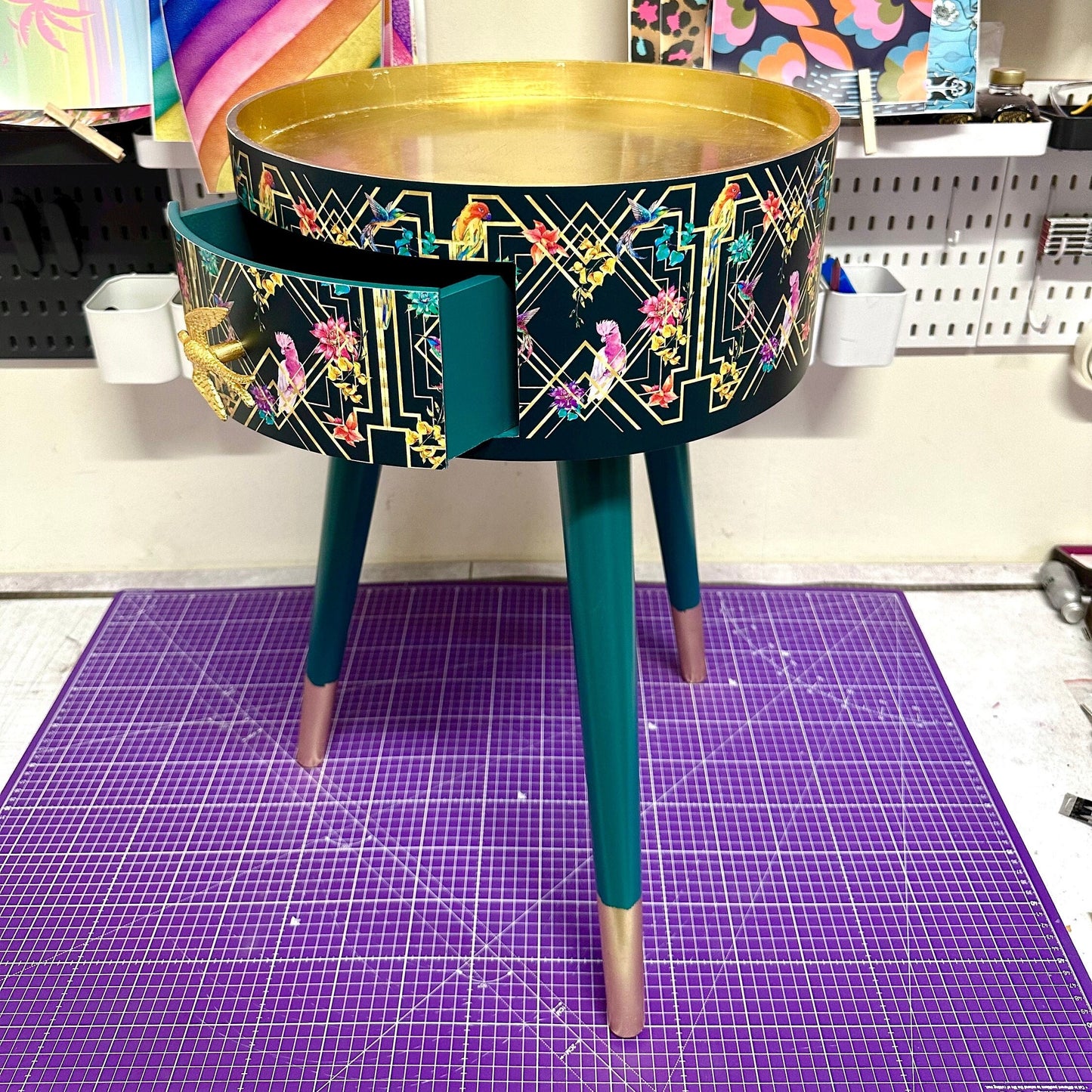 Art Deco Birds - Emerald green, bedside table, gold and pink bird design. Bedroom nightstand, colourful bedside end table.