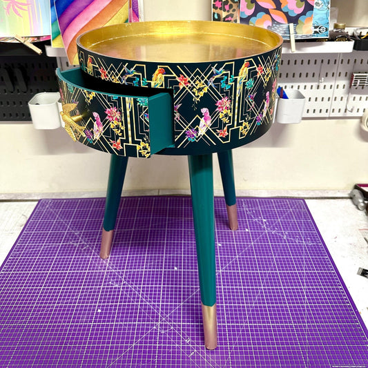 Art Deco Birds - Emerald green, bedside table, gold and pink bird design. Bedroom nightstand, colourful bedside end table.