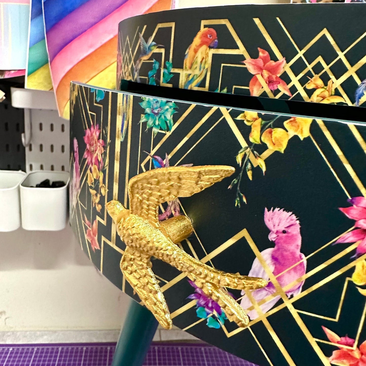 Art Deco Birds - Emerald green, bedside table, gold and pink bird design. Bedroom nightstand, colourful bedside end table.