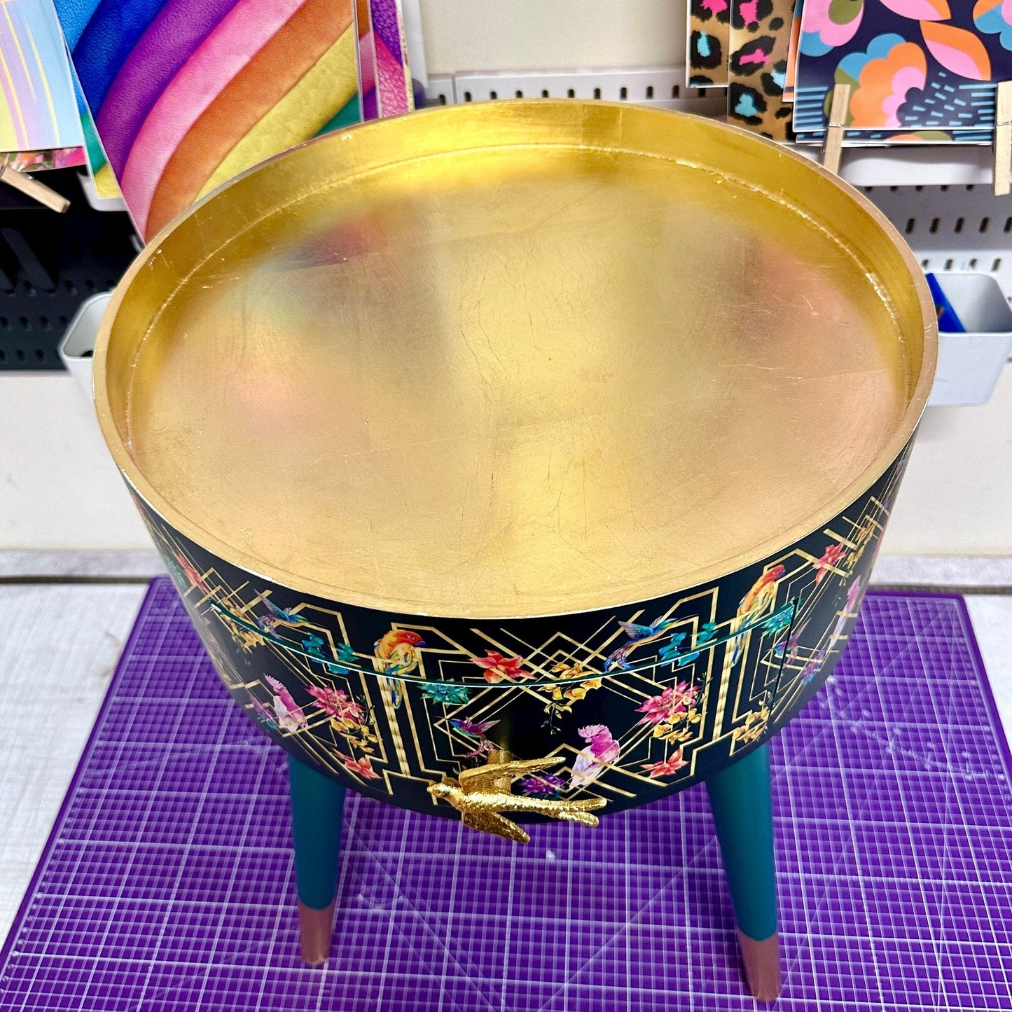 Art Deco Birds - Emerald green, bedside table, gold and pink bird design. Bedroom nightstand, colourful bedside end table.