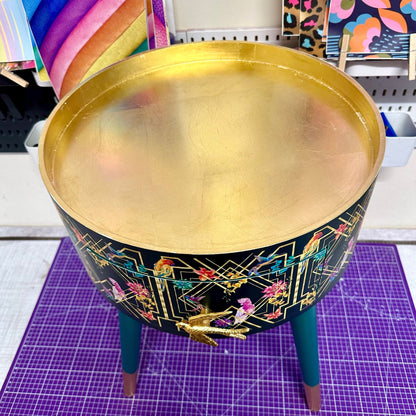 Art Deco Birds - Emerald green, bedside table, gold and pink bird design. Bedroom nightstand, colourful bedside end table.
