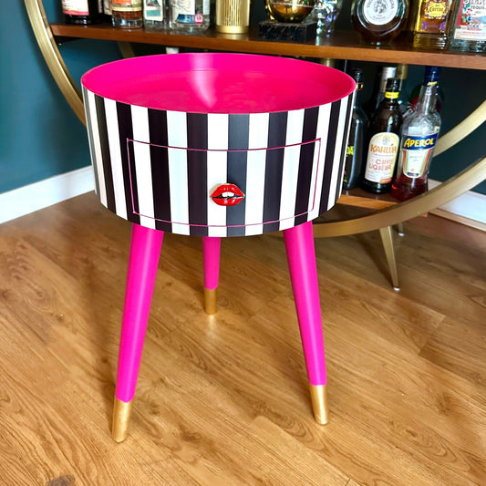 Striped - Black and White with Hot Pink bedside table. Hot pink top and legs, stripe nightstand, colourful end table , taller legs
