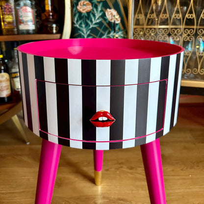 Striped - Black and White with Hot Pink bedside table. Hot pink top and legs, stripe nightstand, colourful end table , taller legs