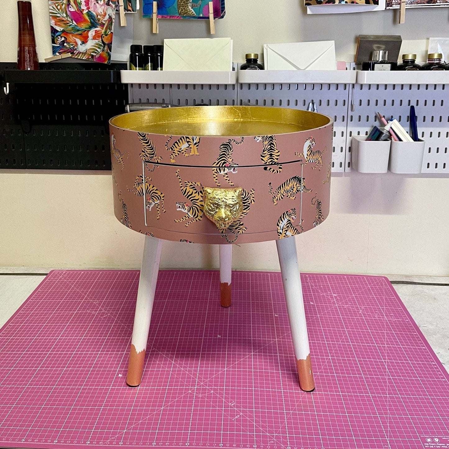 Tiger Table - Tan,  round bedside table . Coffee coloured and white nightstand or side table. Imitation Gold leaf top