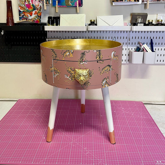 Tiger Table - Tan,  round bedside table . Coffee coloured and white nightstand or side table. Imitation Gold leaf top
