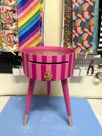 Striped - Hot Pink and Light Pink bedside table. Glitter top, stripe nightstand, colourful end table , taller legs, crown handle, queen