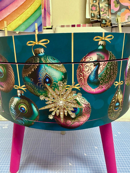 Christmas - Hot pink and glitter Christmas round side table , teal emerald green peacock design with jewel colours.   Nightstand. Hanukkah end table