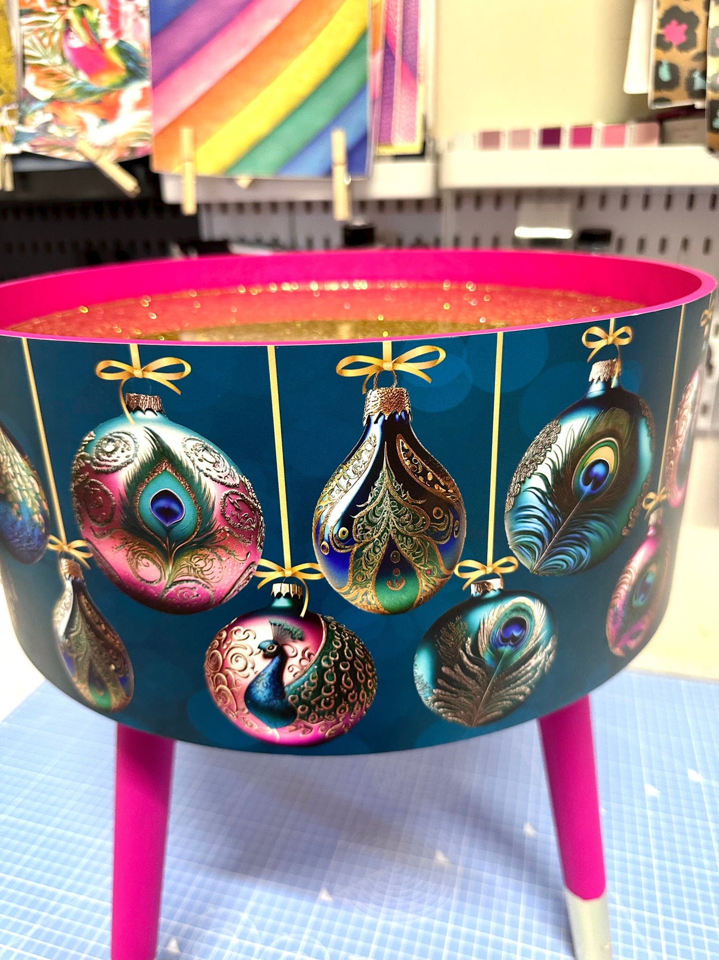 Christmas - Hot pink and glitter Christmas round side table , teal emerald green peacock design with jewel colours.   Nightstand. Hanukkah end table