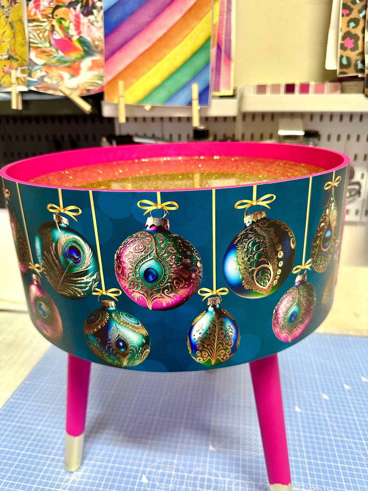 Christmas - Hot pink and glitter Christmas round side table , teal emerald green peacock design with jewel colours.   Nightstand. Hanukkah end table