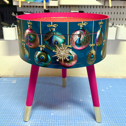 Christmas - Hot pink and glitter Christmas round side table , teal emerald green peacock design with jewel colours.   Nightstand. Hanukkah end table