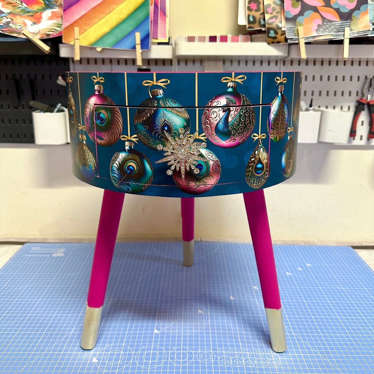 Christmas - Hot pink and glitter Christmas round side table , teal emerald green peacock design with jewel colours.   Nightstand. Hanukkah end table
