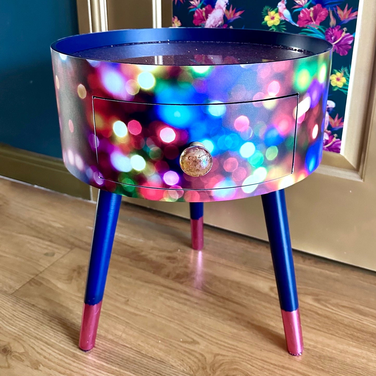 Christmas - Vintage Christmas lights round side table , multicoloured , pink, blue and green design with jewel colours. Nightstand. Hanukkah end table