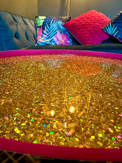 Round coffee table , art deco cheetah leopard design. Hot pink and gold glitter. Round table, lift off top for storage. End table lounge