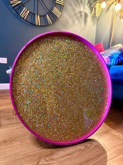 Round coffee table , art deco cheetah leopard design. Hot pink and gold glitter. Round table, lift off top for storage. End table lounge