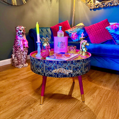 Round coffee table , art deco cheetah leopard design. Hot pink and gold glitter. Round table, lift off top for storage. End table lounge