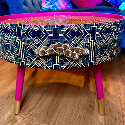 Round coffee table , art deco cheetah leopard design. Hot pink and gold glitter. Round table, lift off top for storage. End table lounge