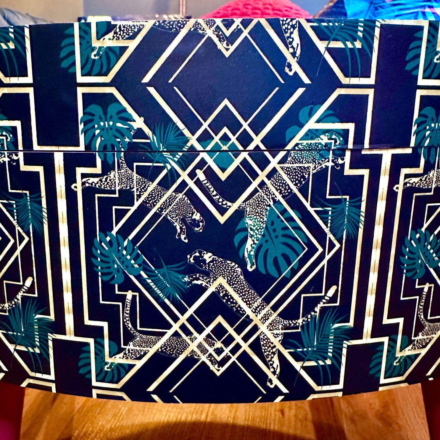 Round coffee table , art deco cheetah leopard design. Hot pink and gold glitter. Round table, lift off top for storage. End table lounge